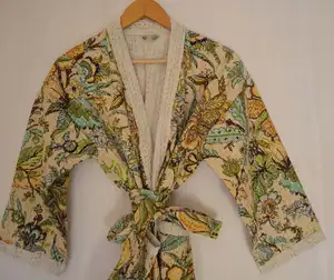 Jaipuri stampa indiano Kantha Kimono abito Kimono cucito Kantha Kimono abito da donna accappatoio Kimono abito etnico con stampa floreale