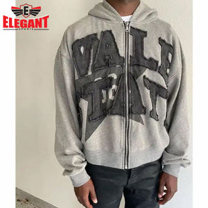 No Pocket Zip Up Style Blank Over Sized Patch Printing Acid Washed Distressed Embroidery Hoodie By ELEGANT SPORTS - Product Image 3
