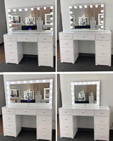 Coiffeuse en bois avec panneau LED blanc, 9 tiroirs, grand miroir de maquillage style marquee avec éclairage et plateau en verre trempé