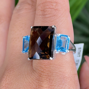 Anillo de ajuste de Punta Unisex de plata 925 hecho a mano de cuarzo ahumado y Topacio Azul de lujo, chapado en rodio, gran oferta para fiestas de boda - Product Image 4