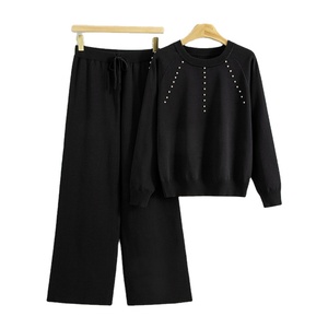 Women Rhinestone Solid Long Sleeves <b>Knit</b> Sweater and Wide Leg Pants Two Piece <b>Set</b> - Product Image 1