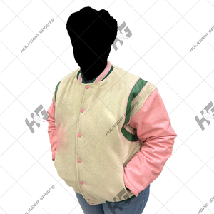 A|K|A Pink Wool/Nylon Sleeves Green <b>Shoulder</b> Straps Wool Letterman Jacket Stand Collar Trim Streetwear Winter Unisex Embroidery - Product Image 5