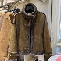 Winter Schaffell Mantel Kunst pelz Leder Frauen Warme Lammhaut Jacke Reiß verschluss Langarm Kurz Casual Outwear