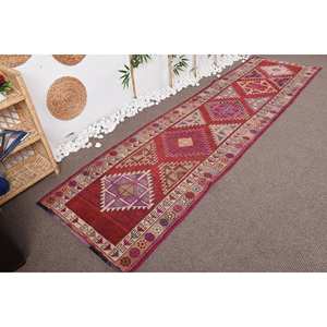 Alfombra Kilim turca Vintage 3 'X 11,2 'yute tejido plano rojo púrpura con patrón de retazos respaldo de látex diseño de pasillo Rectangular - Product Image 3