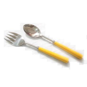 Round <b>Plain</b> Yellow Resin Handle Stainless Steel Hand Mirror Polished Salad Serving Set in a Gift Box - Product Image 1