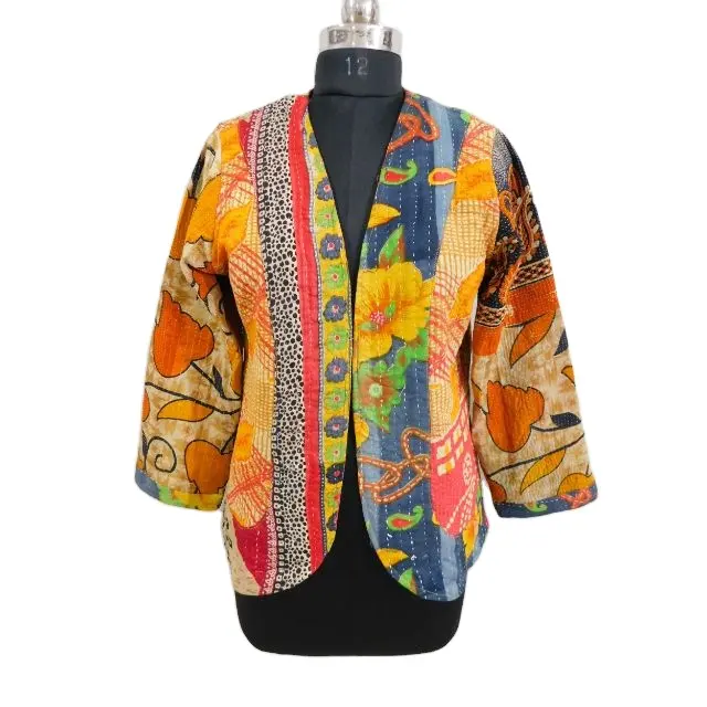 Vintage algodão kantha jaqueta mão bloco floral impressão mulheres partido desgaste vestido