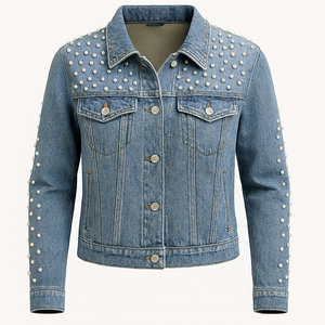 Chaqueta vaquera informal personalizada al por mayor, 100% algodón, jacquard, lavada, con botones, estampado de leopardo, diamantes y dobladillo deshilachado. - Product Image 4