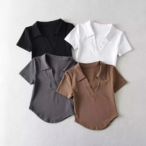 เสื้อยืดแขนยาวสำหรับผู้หญิงฤดูใบไม้ผลิฤดูใบไม้ร่วงเสื้อครอปสีเรียบเข้ารูปพิมพ์ลายแบบกำหนดเองลำลองแขนสั้น - Product Image 2