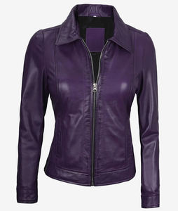 เสื้อแจ็คเก็ตหนังวัว PU สำหรับผู้หญิง สไตล์นักแข่ง ซิปหน้า คอตั้ง แขนยาว มีกระเป๋าข้างสองข้าง สีม่วง ผ้าแคนวาส ย้อมสีพื้น - Product Image 2