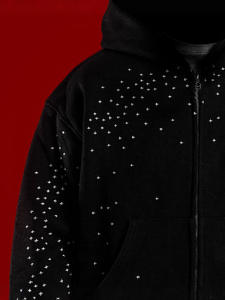 Sudadera con Capucha Negra de Invierno para Hombre, Estilo Casual, Moda Urbana, con Perlas y Pedrería, Cuello Estilo Americano, Algodón Pima - Product Image 3