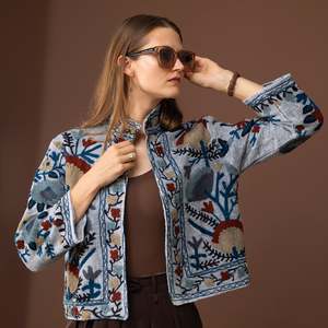 Manteau de veste de banlieue décontracté pour femmes nouveau tissu de toile de coton imprimé automne et hiver polyvalent bouton décoration méthode tissée - Product Image 2