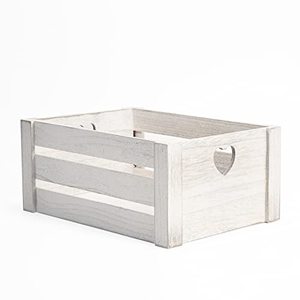 Lovely White Wooden Food Container <b>Crates</b> with Heart Handles Storage Box Wooden Tray Shelves (White Wash Medium 31.5x21.5x14cm) - Product Image 1