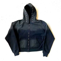 Fabricants personnalisés 500gsm fermeture éclair lavage à l'acide araignée impression logo surdimensionné strass noir 1.1 vêtements à capuche pour hommes