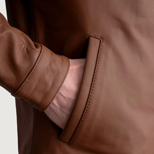 Chaqueta de cuero marrón para hombre, cuello alto, cierre de cremallera, ropa exterior informal elegante, ropa de otoño - Product Image 6