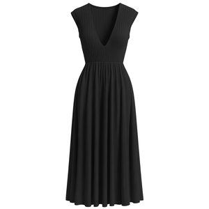 Vestido Midi Casual Simple de Punto Acanalado con Cuello Redondo para Mujer, Elegante, de Manga Corta, Proveedor Directo de Fábrica - Product Image 1