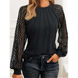 Blusa de viscosa de dos hilos con cuello semialto y frente acanalado de manga larga para mujer, 32159 - Product Image 1
