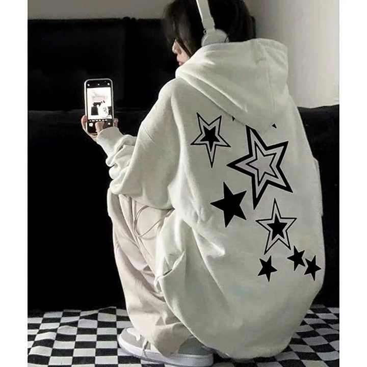 Harajuku Streetwear Sweatshirt Unisex Oversized Y2K Stars Printed Knitted Loose Long Sleeve Hoodies for Women Autumn Winter Tops