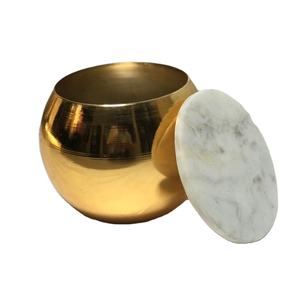 Pot à bougie en métal doré de forme ronde personnalisée à la mode, récipient de rangement, conteneur, vase avec couvercle en marbre - Product Image 1