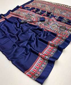 Designer Indian Beautiful wear Indian Designer Ajrakh Print Satin Crepe Saree Design Pakistani Wedding and Party Wear saree - Product Image 2