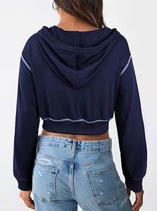 Sudadera con capucha recortada con cremallera para mujer, Material térmico transpirable, Color sólido, manga larga, cremallera, Top corto de moda, sudaderas con capucha - Product Image 3