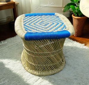 Pouf de canne en bambou de couleur bleue et chamois antique et écologique pour salon, jardin extérieur, hôtel, console d'incrustation d'os - Product Image 2