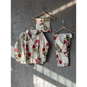 Ensemble de pyjama en coton à imprimé floral pour femmes, manches longues, fermeture à boutons, vêtements de détente d'été, tissu doux, taille élastique, vêtements de nuit décontractés - Product Image 3
