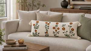 Housse de coussin lombaire en coton brodé à la main avec pompons aux coins, motif floral botanique orange rouille, pour canapé - Product Image 1