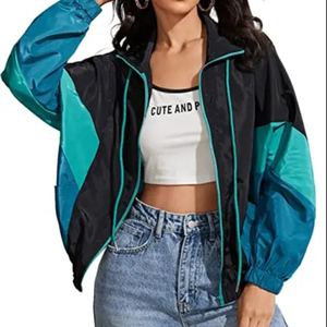 Chaqueta cortavientos Colorblock de poliéster personalizada para mujer, chaquetas cortavientos impermeables para correr de talla grande Vintage para mujer - Product Image 1