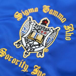Chaqueta de bombardero Sigma Gamma Rho SGRho azul real 100 poliéster bordado cresta impermeable a prueba de viento hermandad griega vida - Product Image 3
