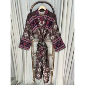 Cómodo y Cálido Kimono de Invierno para Mujer, Mezcla de Lana de Yak, Estampado de Diamantes Marrones, Bata de Casa con Bolsillos, Estilo Casual, Ropa de Estar por Casa - Product Image 4