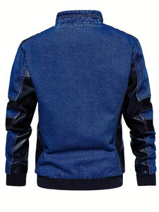 Veste en jean pour homme, logo personnalisé, bleu rétro, fermeture éclair, manches, col montant et poches poitrine, résistante aux déchirures - Product Image 4