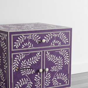 Mesita de Noche con Incrustaciones de Hueso Morado, Mesa Auxiliar Hecha a Mano con Diseño Floral, con Cajón y Puerta - Product Image 5
