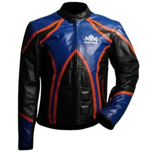 Mens Racing Style Leather <b>Jacket</b> Color Block Design Zipper Front <b>Padded</b> Panels Stand Collar Streetwear Outerwear - Product Image 1