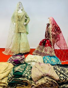 Pakistani Bridal <b>Cot</b> Suit Embroidered Lehenga Choli Net Fabric Heavy Stone Design Ken Ken Plazo Dupatta Blazer-9 Vibrant Colors - Product Image 5