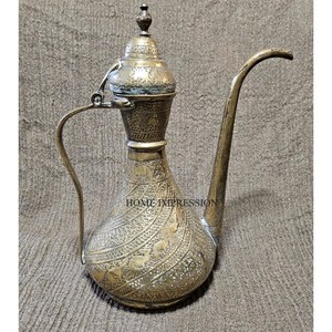 Indian <b>Metal</b> Brass <b>Coffee</b> <b>Pot</b> Dallah Embossed Gold Finish for Qahwa Serving Latest Modern Style for Home & Restaurants Accessory - Product Image 2