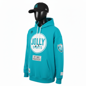 Sweat à capuche en polaire premium 320 GSM, couleur sarcelle, tissu doux en coton et polyester, avec patch sur la manche et broderie, sweat à capuche basique - Product Image 5