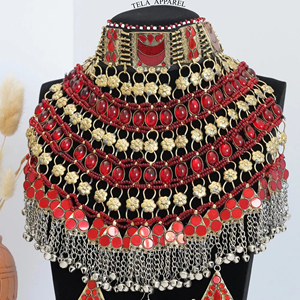 Ensemble de mariée artisanal traditionnel afghan de couleur rouge avec des pierres pour les femmes afghanes - Product Image 4