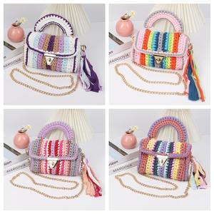 <b>Crochet</b> Celebrity Cross-border Hot Selling Handmade Women's Striped Contrast Cloth Woven Chain Strap Soft Crossbody Cover Tassel - Product Image 4