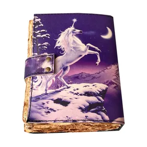 Benzersiz tasarım Moonlight Unicorn el yapımı deri baskı dergisi Vintage Deckle kenar Vintage kağıt defter akik