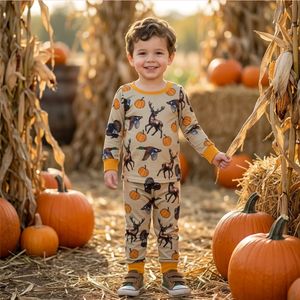 Conjunto de Pijama de Algodón para Niños, Estilo Chino Otoñal, Estampado de Ciervo y Calabaza, Manga Larga y Pantalones Cortos, Ropa Casual - Product Image 6
