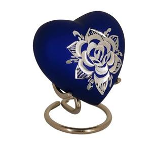 Urne souvenir en forme de coeur classique pour cendres humaines avec boîte et support Lovely Ink Blue Diamond Cut 7 cms de haut - Product Image 1