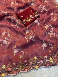 Sari de seda suave y crujiente de diseñador y sari con bordado de pedrería para bodas, fiestas, festivales, ropa étnica para mujeres - Product Image 2