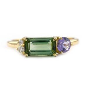 Bague Tourmaline Verte Horizontale Bague de Fiançailles en Améthyste Naturelle et Diamant Bague de Promesse en Or Massif 14K pour Elle - Product Image 1
