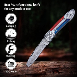 Custom Handmade Damascus Steel Pocket Knife with Wooden Handle and Fine Leather Sheath Camping Knife Fishing Knife - Product Image 5