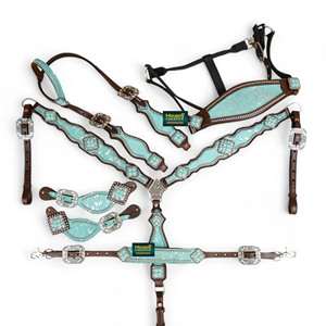 Juego de cabeza de caballo y cuello de pecho de cuero turquesa: lavado ácido plateado - Product Image 1