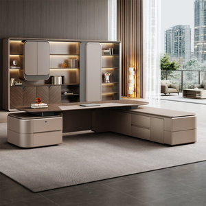Warm Brown L-Shaped Executive <b>Desk</b> with Power Access Fingerprint Lock Storage LED Lighting 1-Year Warranty - Product Image 3