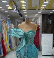 Gaun Malam Maxi Satin Mint 2026 Model Lurus, Kerah Tinggi, Berhias Manik-Manik, Renda, Kristal, Berpola Daun, Vintage, Anti-Statis