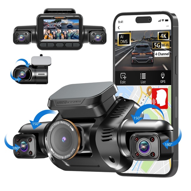 Front 3K  4 Lens Dash Cam with AI DMS Built-in GPS Car Black Box with 5G WiFi Universal Dash Cam for Car