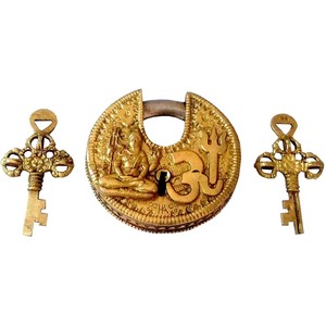 Brass Padlock Om Shiva Round Antique Design Unique Collectible - Product Image 2