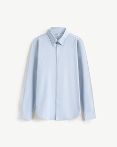 <b>Men's</b> Autumn Breathable <b>Long</b>-<b>Sleeve</b> <b>Striped</b> Oxford <b>Shirt</b> Fitted Casual Versatile Tops by Routine Vietnam Polyester/Cotton - Product Image 1